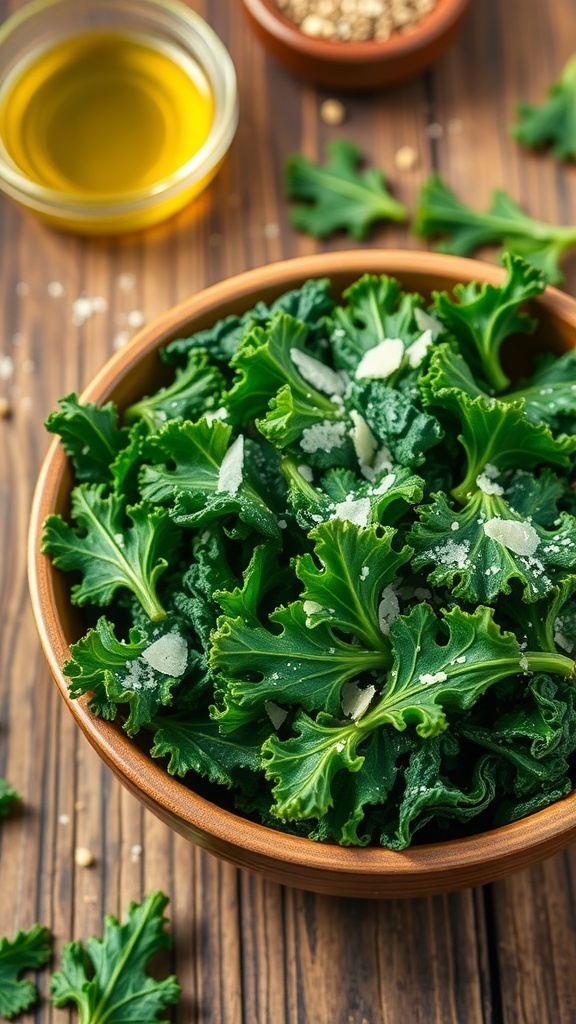 A bowl of crispy kale doodles garnished with Parmesan cheese on a wooden table.